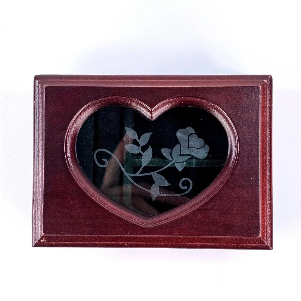 Vintage Wooden Heart Rose Etched Glass Jewelry Box Mahogany Tone Christmas 2000